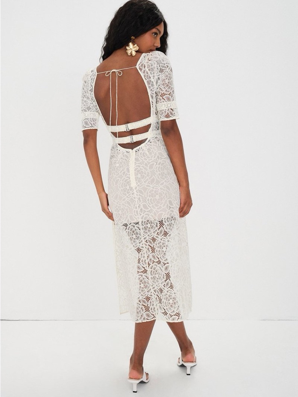 Love White Lace Backless Midi Dress with Tie Detail